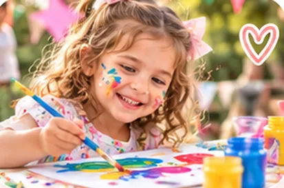 Niña pintando con pincel y pinturas de colores
