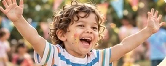 Niño feliz con los brazos arriba en una fiesta