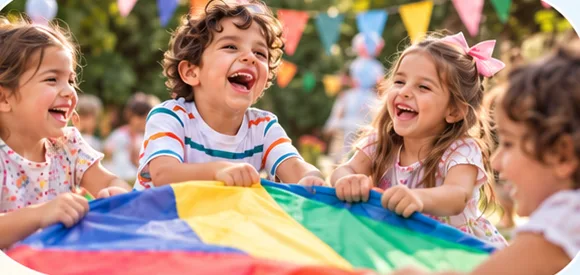 Peques riendo mientras juegan con un paracaídas de colores
